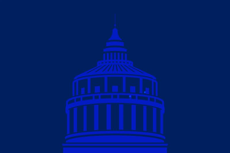 Rush Rhees illustration in blue