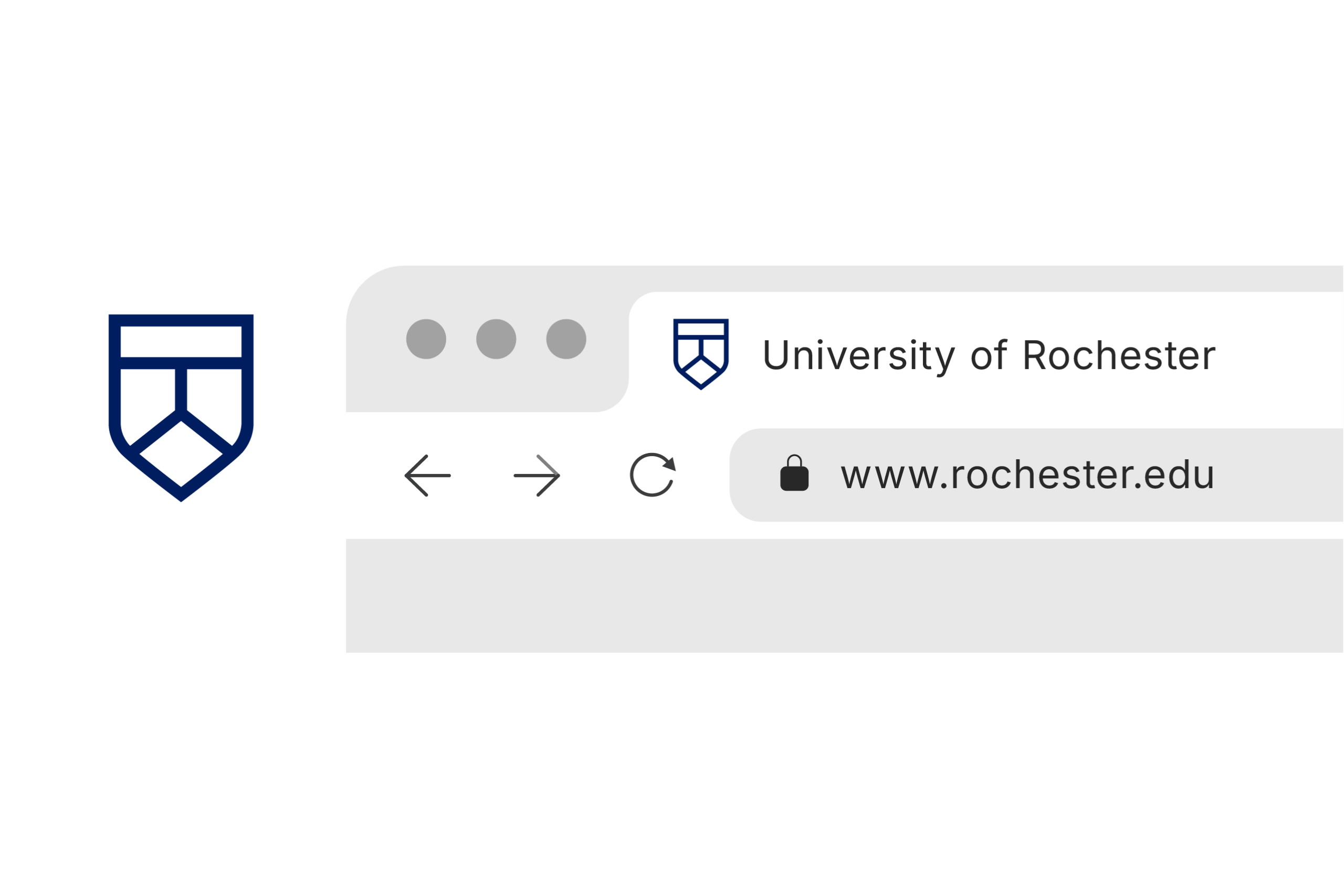 Screenshot of a simple shield icon next to a browser that has typed in www.rochester.edu into the URL space.