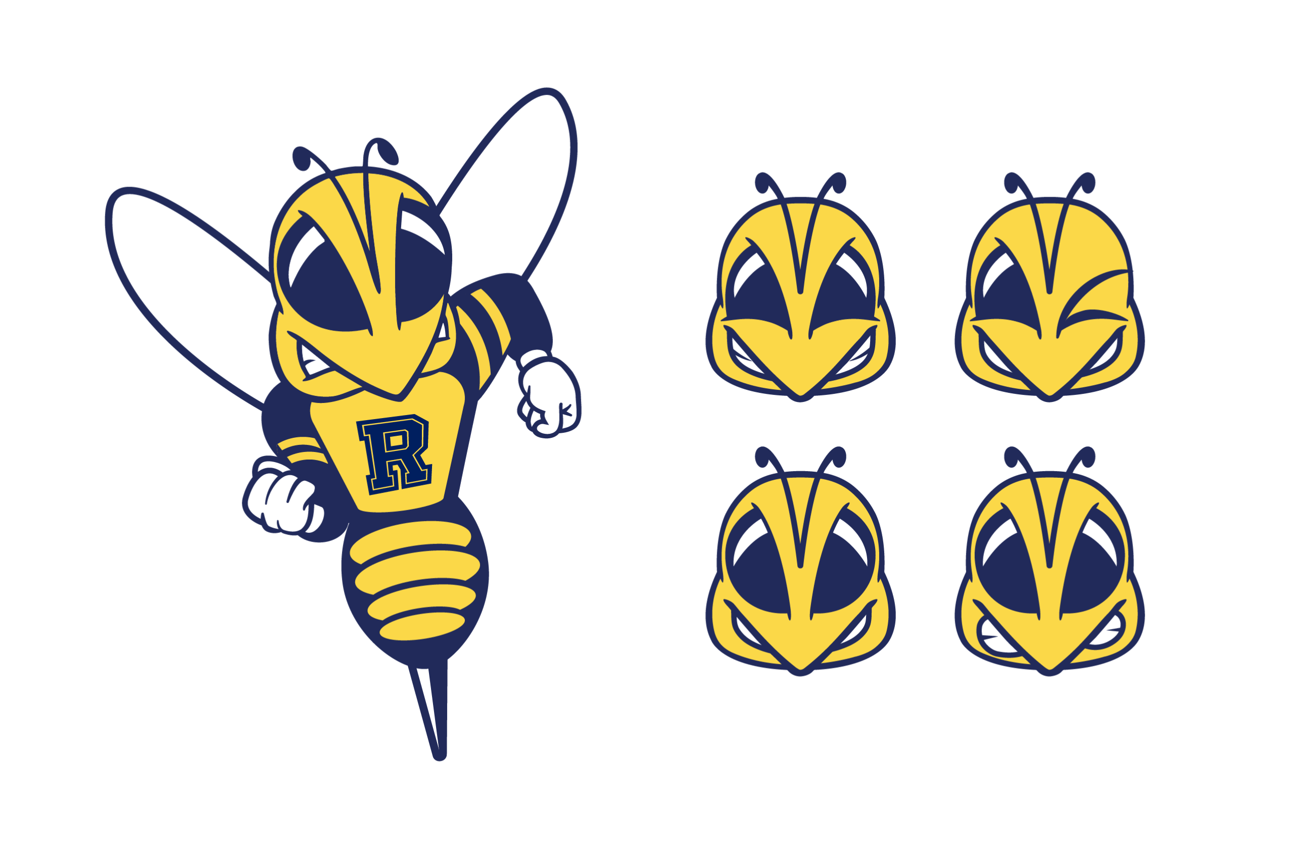 Rocky the mascot is a bee - in this image we see his full body plus for faces smiling, winking and grimacing.