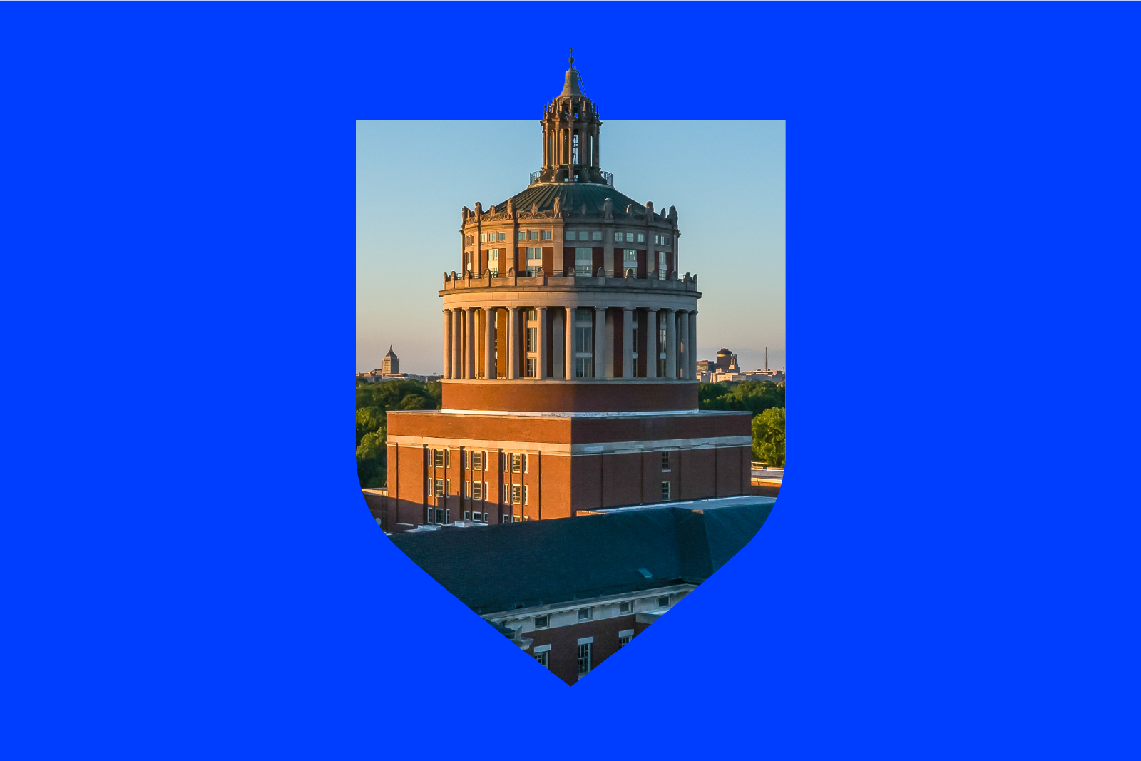 An image of Rush Rhees in a blue shield.