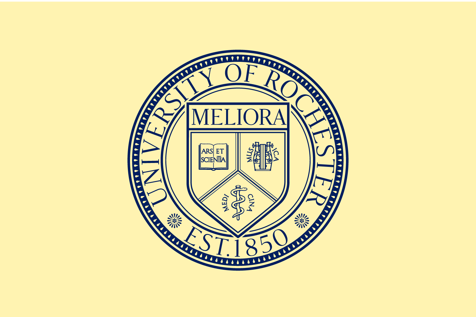The University of Rochester seal (name of university in a circle surrounding a shield that says meliora) in blue on a yellow background.