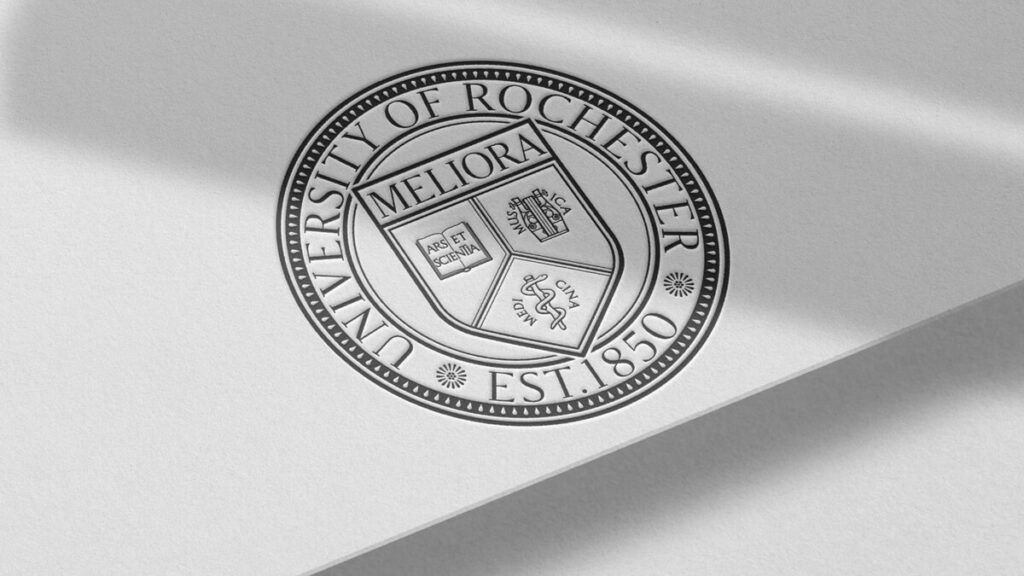 Logo of the University of Rochester featuring a yellow and blue color scheme with a stylized shield and text.