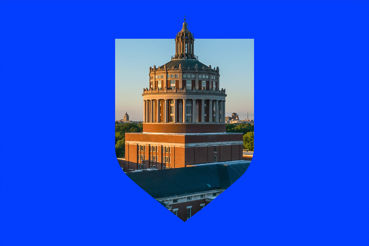 An image of Rush Rhees in a blue shield.