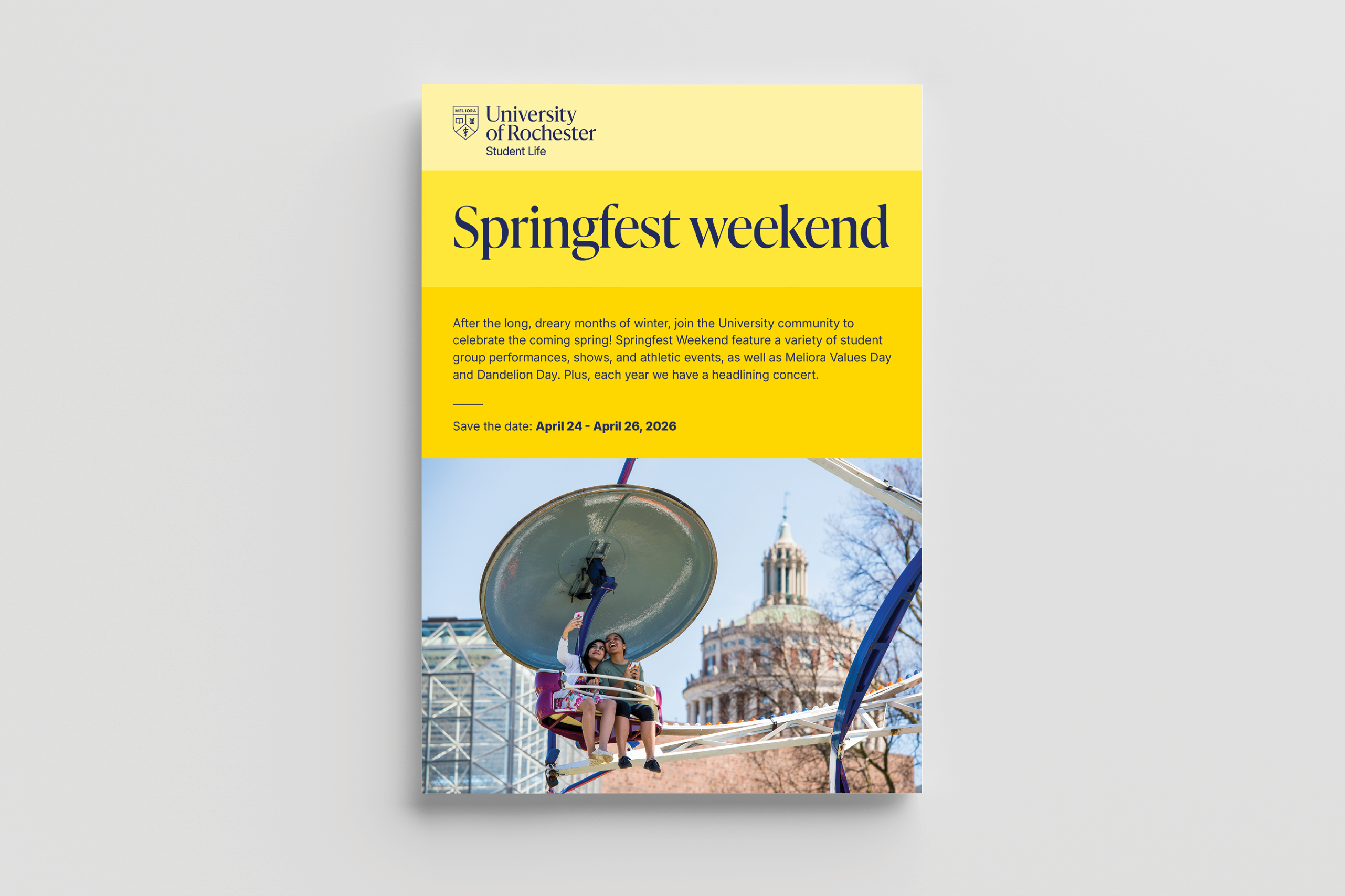 Image of a brochure with an image of two students and copy promoting Springfest weekend with the Student Life logo lockup.