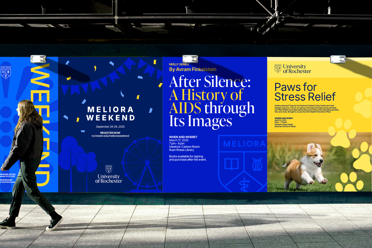 A woman walks by a large banner promoting an upcoming dog show, showcasing vibrant colors and playful dog images.