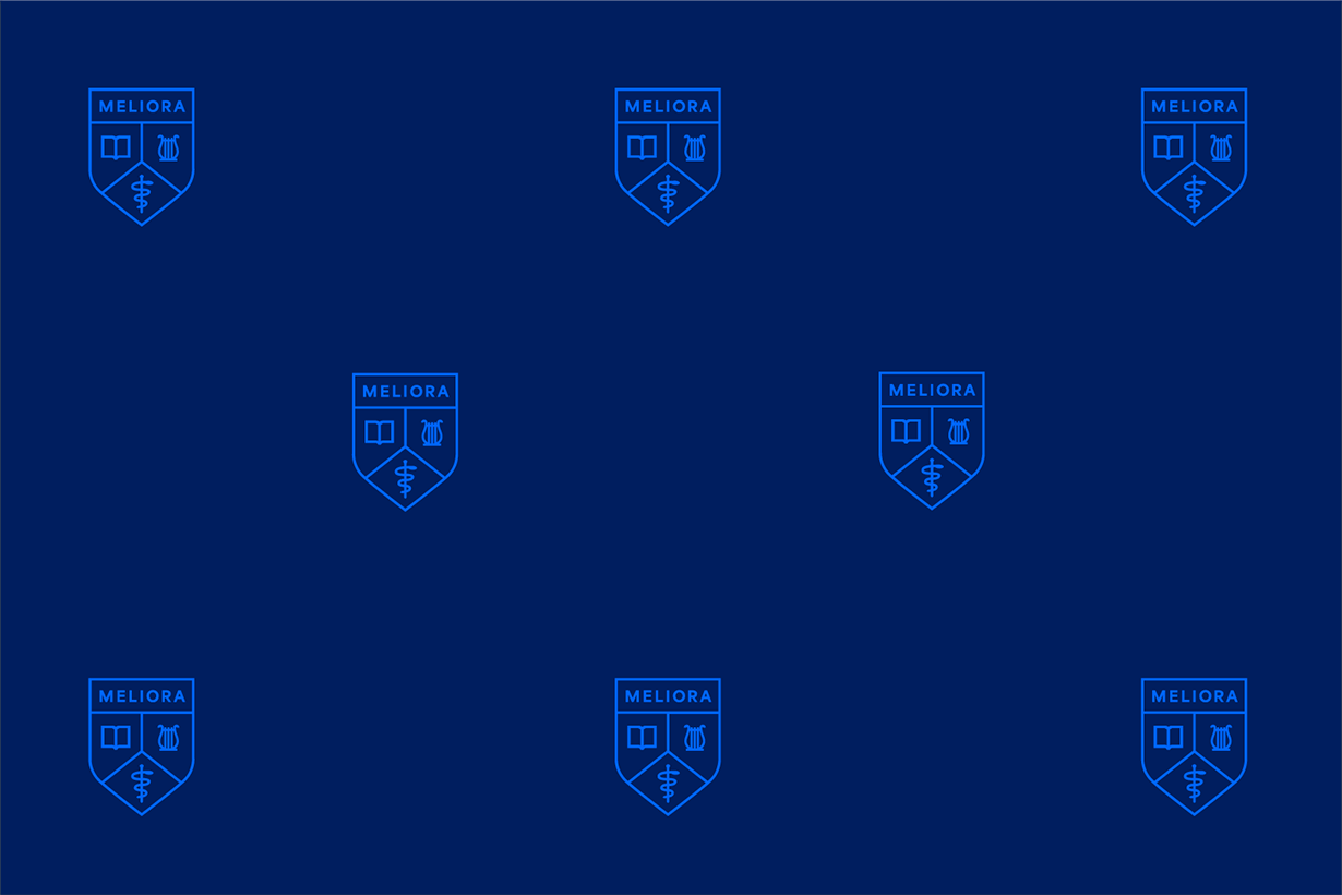 A dark blue background with light blue meliora shields in a pattern.