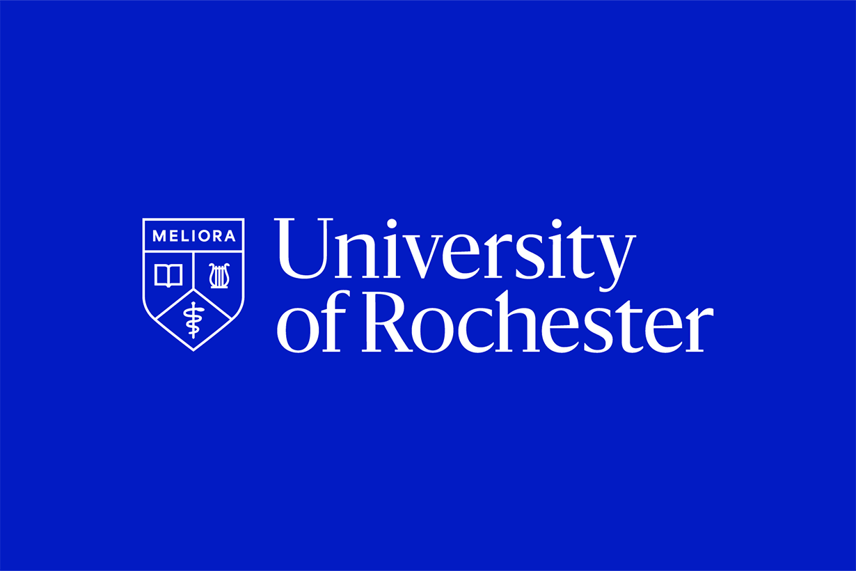University of Rochester logo in white type on a blue background.