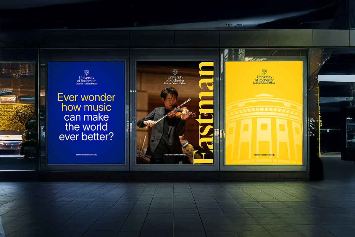 Examples of Eastman creative examples coming to life: Ever wonder how music can make the world better in one poster, a man playing violin in the second poster and an illustrated drawing of eastman theater in the third.