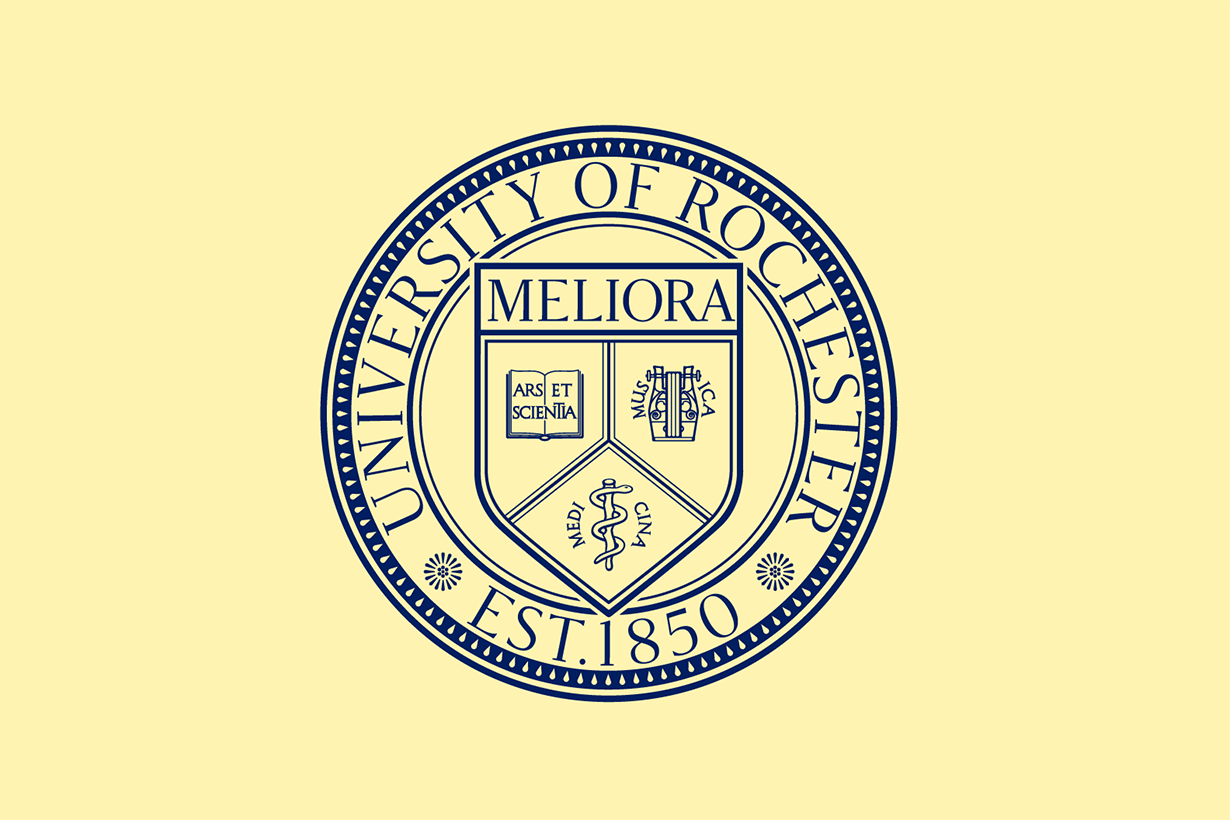 The University of Rochester seal (name of university in a circle surrounding a shield that says meliora) in blue on a yellow background.